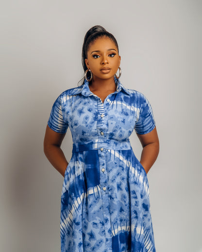 Jenke Short Sleeve Shirt Dress: Blue Adire Silk