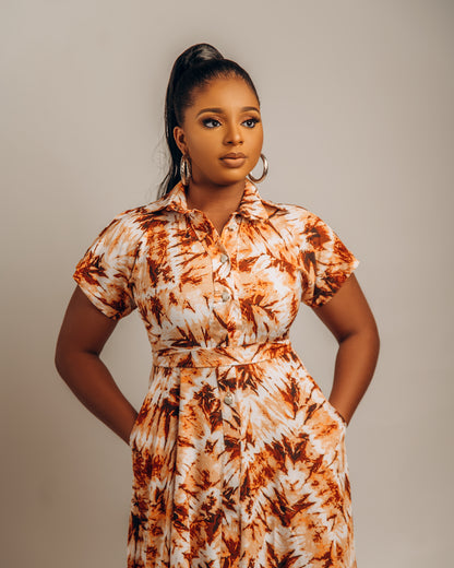 Jenke Short Sleeve Shirt Dress: Brown Adire Silk
