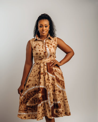 Jenke Sleeveless Shirt Dress: Brown Adire Silk
