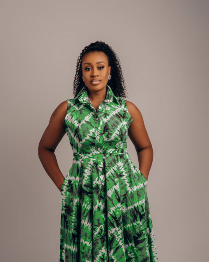Jenke Sleeveless Shirt Dress: Green Adire Dress