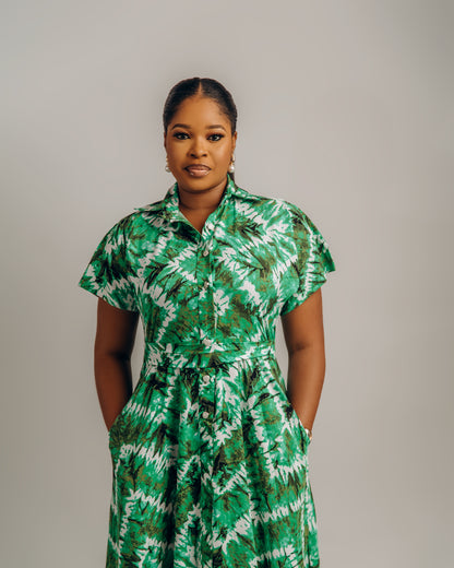 Jenke Short Sleeve Shirt Dress: Green Adire Silk