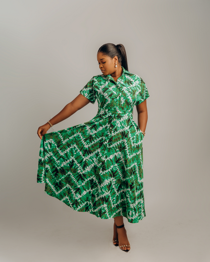 Jenke Short Sleeve Shirt Dress: Green Adire Silk