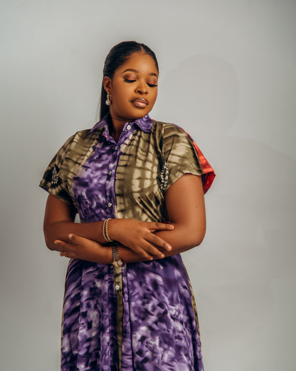 Jenke Short Sleeve Shirt Dress: Purple Adire Silk