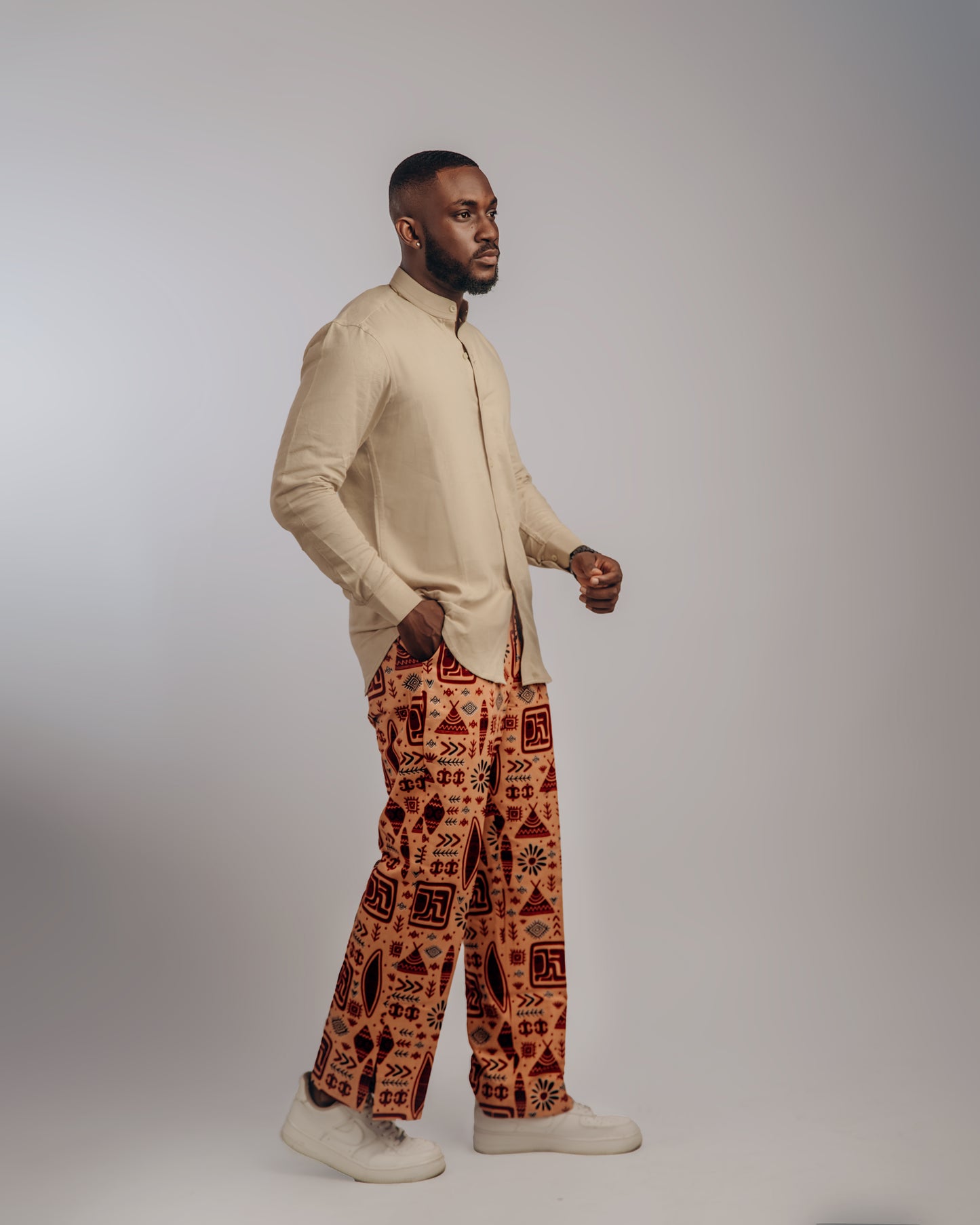 African Prints in Beige, Wine & Wine Tribal: Free Pants
