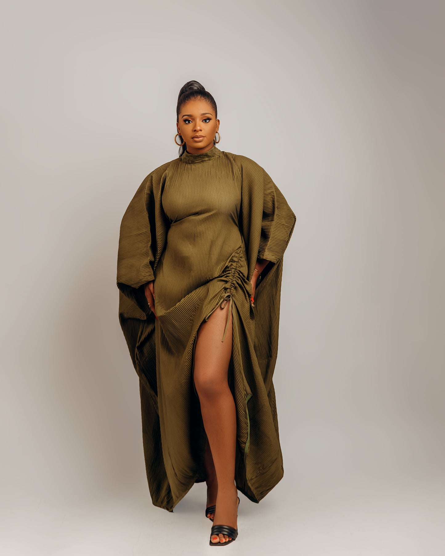 Lami Dress with drawstring details: Olive Green