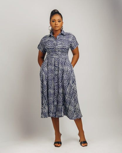 Jenke Short Sleeve Shirt Dress: Blue Adire Silk