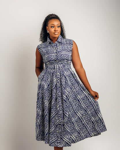 Jenke Sleeveless Shirt Dress: Blue Adire Silk