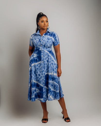 Jenke Short Sleeve Shirt Dress: Blue Adire Silk