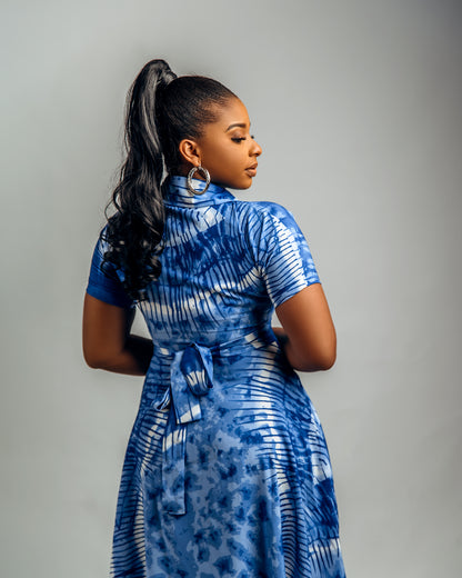 Jenke Short Sleeve Shirt Dress: Blue Adire Silk