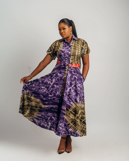Jenke Short Sleeve Shirt Dress: Purple Adire Silk