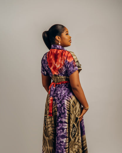 Jenke Short Sleeve Shirt Dress: Purple Adire Silk