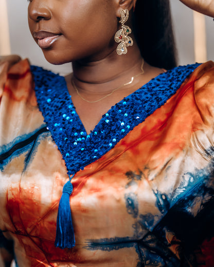 Female Silk Adire Boubou with Sequins Neck Embroidery