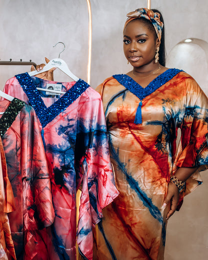 Female Silk Adire Boubou with Sequins Neck Embroidery