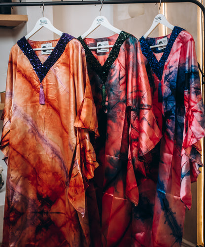 Female Silk Adire Boubou with Sequins Neck Embroidery