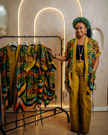 Female 2pcs Yellow Themed Open Front Kimono and Trouser Set