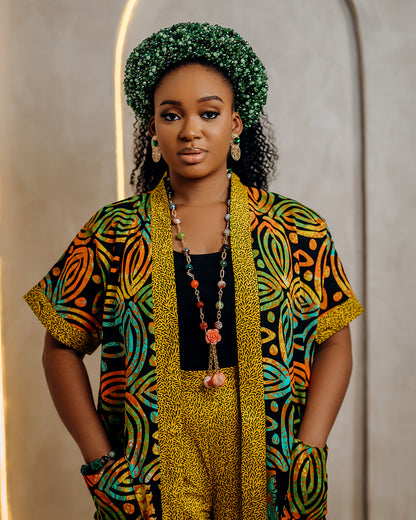 Female 2pcs Yellow Themed Open Front Kimono and Trouser Set