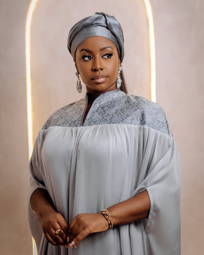 Drape Chiffon Dress with Lace Shoulder details