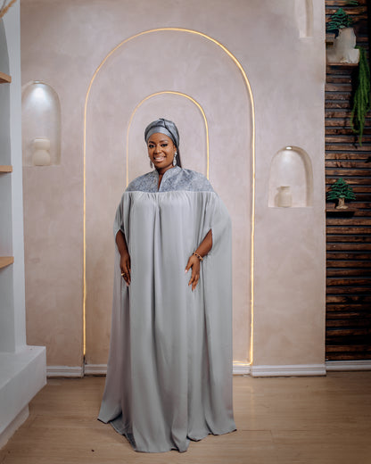 Drape Chiffon Dress with Lace Shoulder details