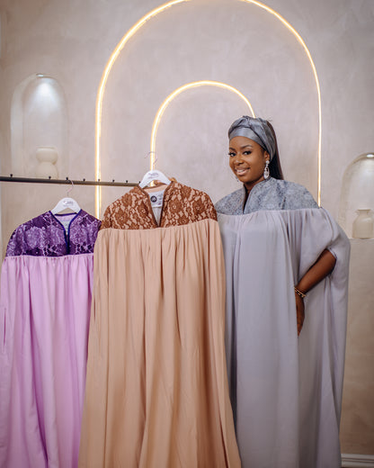 Drape Chiffon Dress with Lace Shoulder details