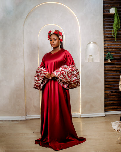 Plain Silk with Pleated Damask Sleeve Boubou.