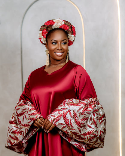 Plain Silk with Pleated Damask Sleeve Boubou.