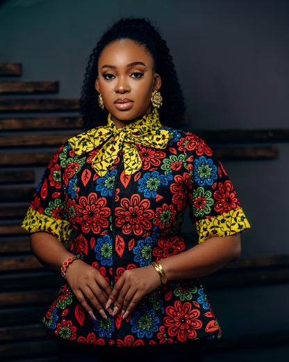 Bow-neck Peplum Blouse with Iridescent Gemstones.