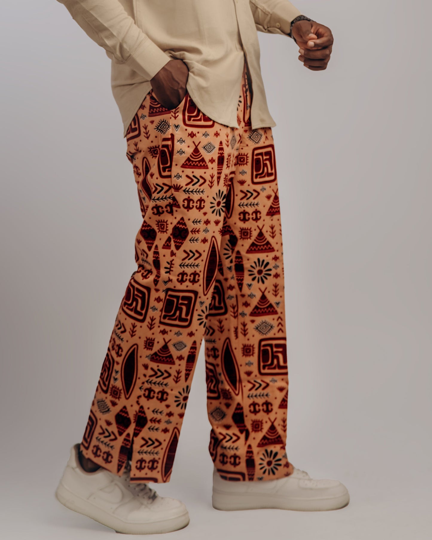 African Prints in Beige, Wine & Wine Tribal: Free Pants