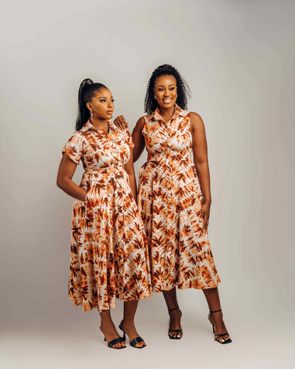 Jenke Sleeveless Shirt Dress: Brown Adire Silk