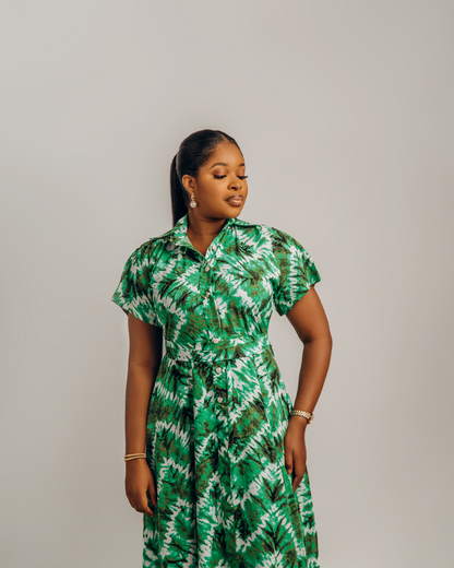Jenke Short Sleeve Shirt Dress: Green Adire Silk